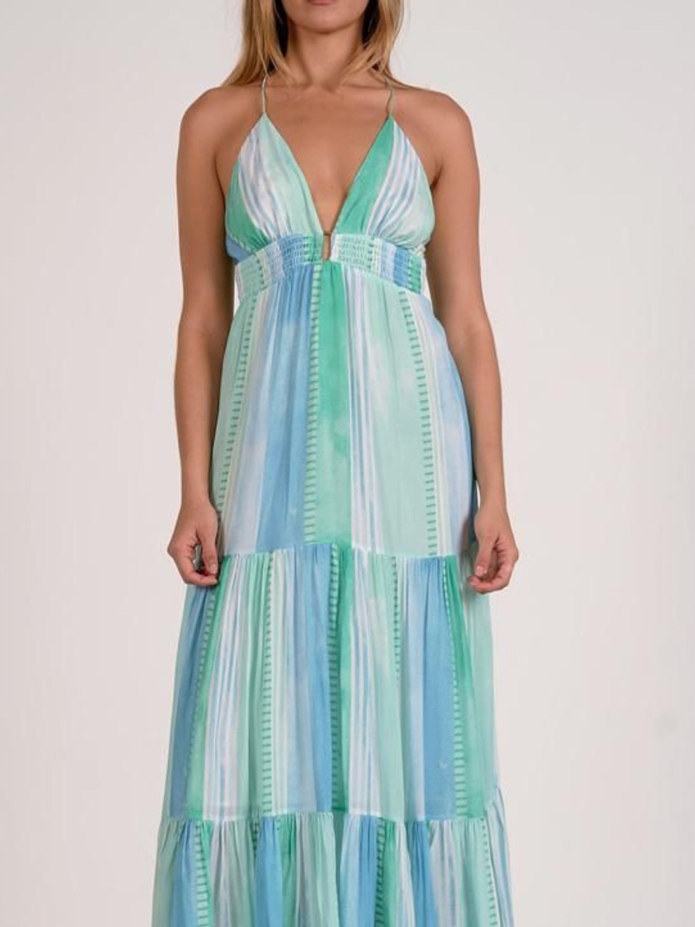 Elan Striped Halter Maxi Dress in Aqua and Mint